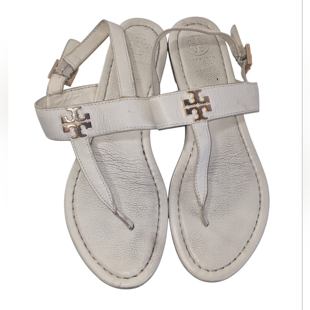Tory Burch Eleanor Thong White Leather Sandals with Gold Accents Size 8 Flaw